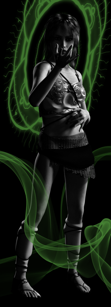 A black and white image of a woman wearing chain mail shorts, with green wisps in front and behind her, and a green mystical symbol behind her head.